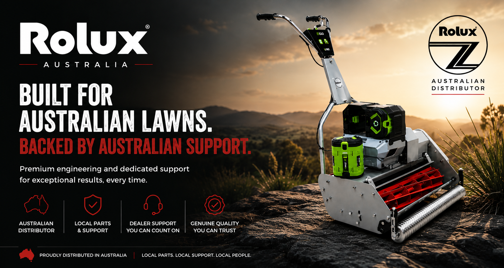 A picture of rolux australia banner with a rolux reel mower in a australian bush setting