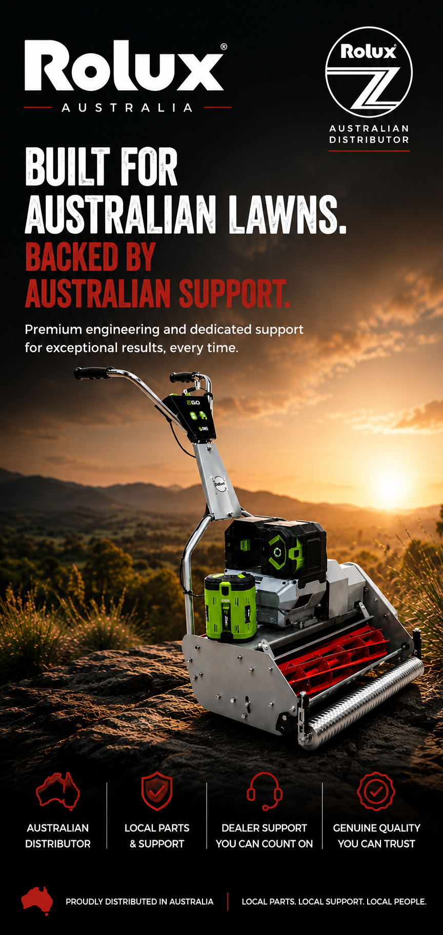A picture of rolux australia banner with a rolux reel mower in a australian bush setting