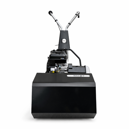 Rolux X17 cylinder mower front angle showing compact design and XR engine