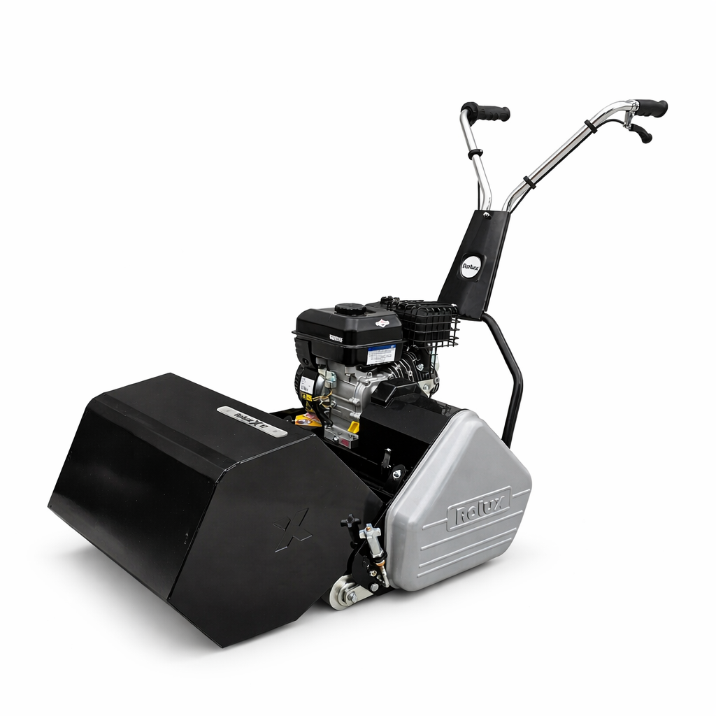 Rolux X17 cylinder mower side view with grass catcher and steel construction