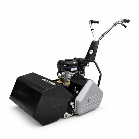 Rolux X17 cylinder mower side view with grass catcher and steel construction