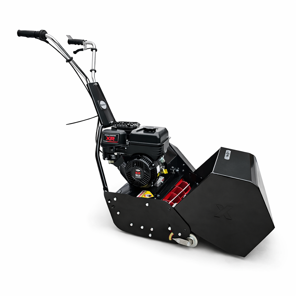 Close-up of Rolux X17 reel mower highlighting cutting reel and engine detail