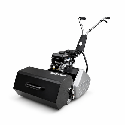 Rolux X20 cylinder mower side view with grass catcher and steel frame